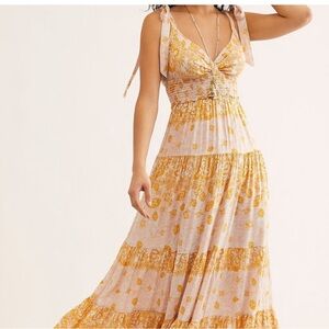 Free People flowy floral dress, maxi tie-up dress